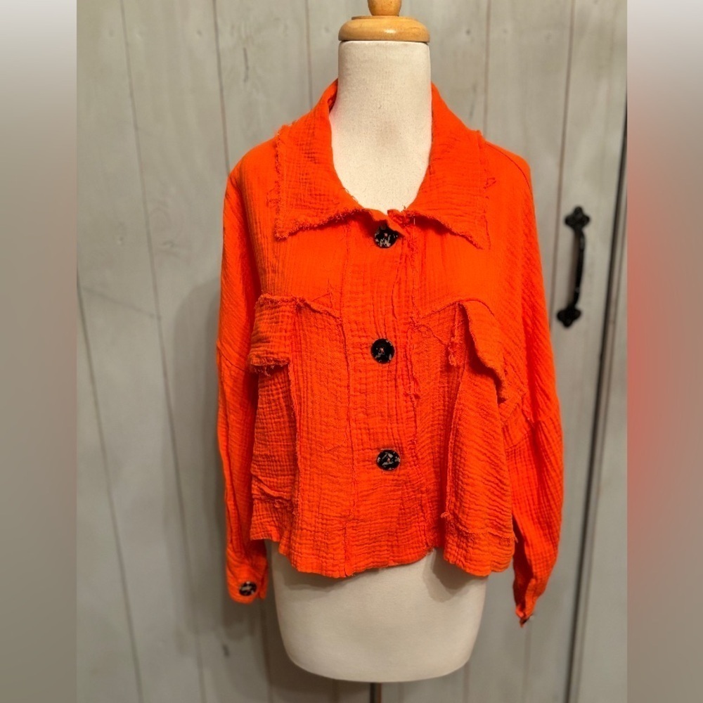 Bucket List Gauze Orange Jacket Button Up Oversized. Sz-Small
